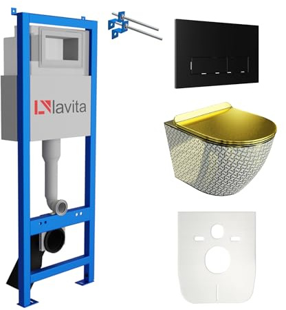 Lavita LAV 101 Vorwandelement für WC 40cm + Wand Hänge Tiefspül WC SOFI SLIM GOLDEN NEVER DIE Spülrandlos + Bedienplatte LAV 200.3.4 Schwarz | Komplettset | Unterputz Spülkasten | Komplett Sett