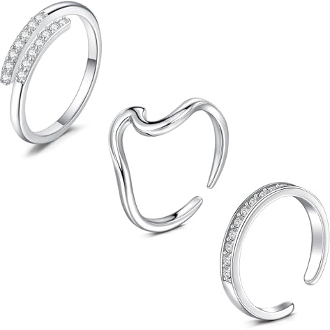 WillTen 3Pcs Silber Zehenring Edelstahl einstellbar Biegung offener Zehenring, Blume Pfeil Blatt CZ Zehe Finger Schwanz Ring Sommer Strand Fußschmuck Set für Frauen Männer