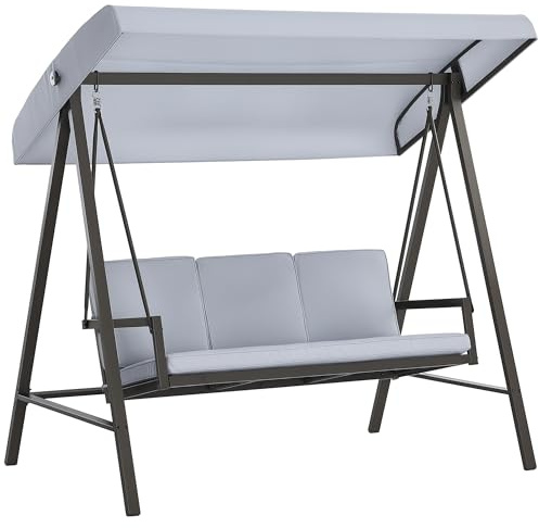 Outsunny Columpio de Jardín de 3 Plazas Balancín Exterior Jardín con Toldo Ajustable Cojines Extraíbles y Estructura de Acero Carga 360 kg 200x125x175 cm Gris