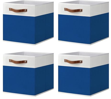 ArcaGuru Storage Cube Bins, Foldable Fabric Organizer Bins Storage Cubes Baskets Box Drawers for Shelves, Closet, Wardrobe, Bookshelf, 33 x 33 x 33cm, 4 Pack, White/Blue