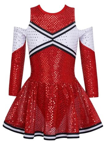 MZPOZB Cheerleading Uniformen Kinder Schulmädchen Cheerleader Uniform Kleid Langarm Glänzende Pailletten Cheer Dance Kleidung Mädchen Cheerleading Kostüm Teamwear Cheerleader Kostüm(Red,6)