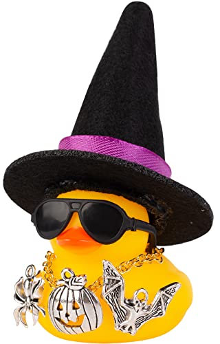 Mwmoeen Halloween Auto Gummi Ente Dekoration, Ente Auto Ornamente Zubehör für Auto Armaturenbrett Dekorationen mit Hexenhut Halskette Sonnenbrillen und Coole Accessoires(D1)