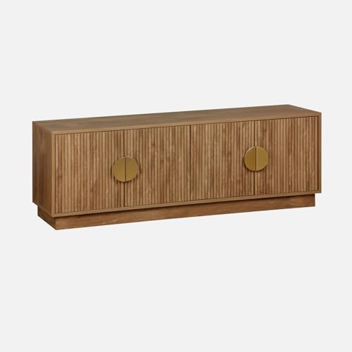Alice's Garden sweeek - Meuble TV Exotique 4 Portes décor Bois de manguier. poignées en métal doré L 140 x P 40 x H 48cm