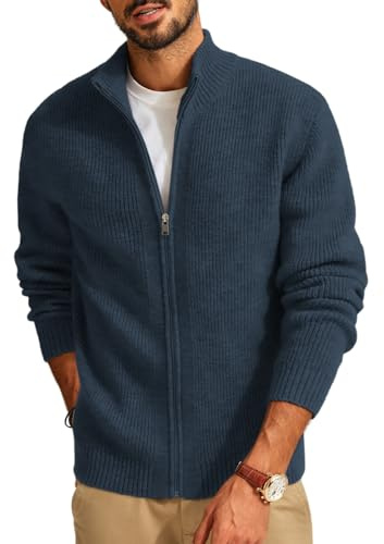 PJ PAUL JONES Chaqueta de punto para hombre de punto acanalado cárdigan de manga larga chaqueta de invierno de punto fino suéter con cuello alto y cremallera, azul oscuro, S
