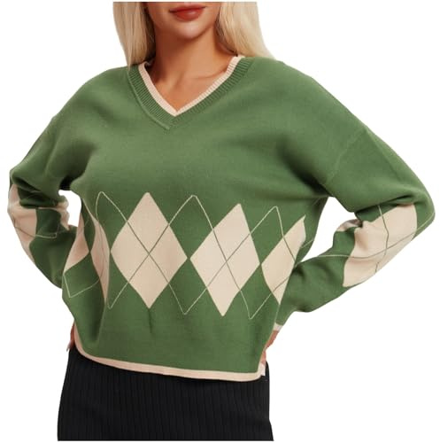 Generisch Jersey de mujer con contraste de colores, de punto, con patrón de rombo, suéter informal, de manga larga, con cuello en V, para invierno, de punto fino, cálido, suéter de invierno, parte