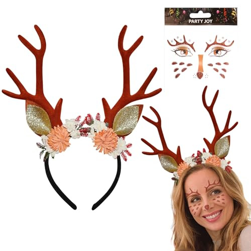 Geweih Stirnband mit Rentier und Blumen - Damen Hirsch Gesicht Tattoo für Karneval Verkleidung Kostüm