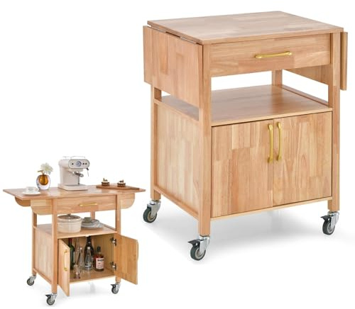 COSTWAY Küchenwagen auf Rollen, Servierwagen mit klappbarer Arbeitsplatte, Rollwagen mit Schublade & Schrank & offenem Fach, Kücheninselwagen Holz, für Küche Bar Esszimmer, Natur, 114x51x88cm