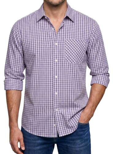 Enlision Camicia Uomo Maniche Lunghe a Quadri Rosso e Blu Camicie Casual da Uomo con Tasche Collo Botton-Down Regular Fit Taglie Forti XXL