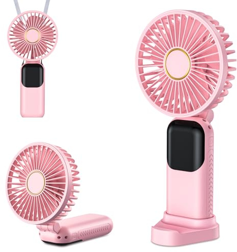 Handventilator, Tragbarer Leise Mini Ventilator, Wiederaufladbar USB Ventilator, Klein Taschenventilator Mit 5 Geschwindigkeitsstufen Digitalanzeige, Faltbarer Hand ventilatoren für Büro, Reisen(Rosa)