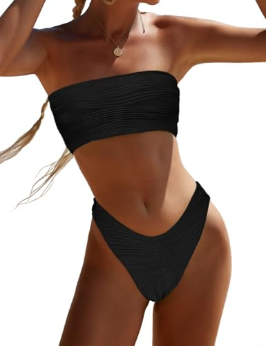 YIMISAN - Maillot de Bain Deux pièces Bandeau côtelé sans Bretelles pour Femme avec Bas échancré et Taille mi-Haute, Taille M