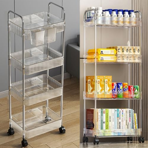 FGXY 4-Tier Storage Rack on Wheels, Acrylic Rolling Storage Cart, Slim Rolling Utility Cart, Kitchen Storage Utility Cart, with Handle and Hanging Box. One Item for Multiple Uses, Saving Space