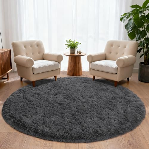 BSGIFT Teppich Rund 200cm Anthrazit, Shaggy Hochflor Teppich Wohnzimmer Flauschig, Modern Langflor Kuschelteppich Wohnzimmerteppich High-Pile Carpet rutschfest für Kinderzimmer Schlafzimmer