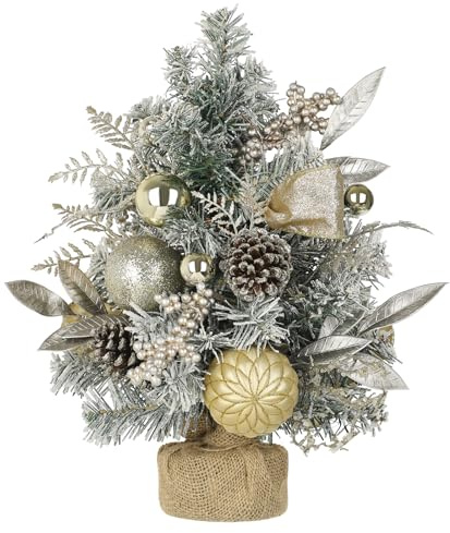 Hollyone Weihnachtsbaum Klein 48cm Weihnachten Tischdeko Kunstweihnachtsbaum mit Schnee Weihnachtskugel Beeren und Tannenzapfen Künstliche Tannenbaum für Weihnachtsdeko Tisch Büro Deko