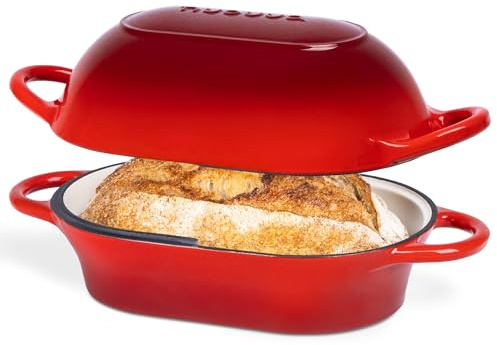 Dutch Oven For Sourdough Bread Baking – Enamelled Cast Iron Bread Loaf Pot – Oven Safe Non Stick Bread Pot – Rectangular, Red, 24cm x 16cm – by Nuovva