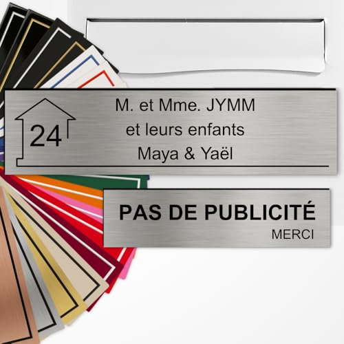 Plaque boîte aux lettres personnalisée 10x2,5cm adhésive + Plaque Pas de Publicité 8x2cm - Gravure Laser – 22 Couleurs – Avec ou Sans Motif (Acier brossé texte noir)
