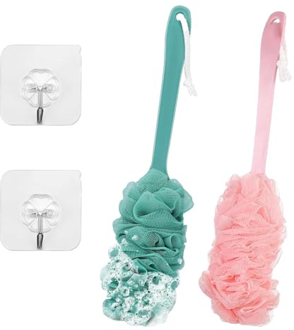 2 Pieces Back Brush Scrubber Shower Loofah Long Handle Bath Brush Shower Body Brushes with Bath Net Sponge Soft Mesh for Exfoliating and Removing Dead Skin for Men and Women(Blue and Pink)