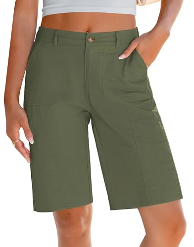 LookbookStore Elastic Waist Bermuda Shorts for Women Womens Shorts for Summer High Waisted Army Green Large Fits US Size 12 to 14