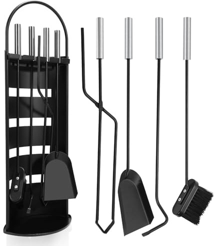 Jaxguom Kaminbesteck 5-teilig, Modernes Kaminbesteck Set schwarz mit Edelstahlgriffe, Kamingarnitur mit Besen, Schaufel, Eisenhaken, Feuerzange, Ständer