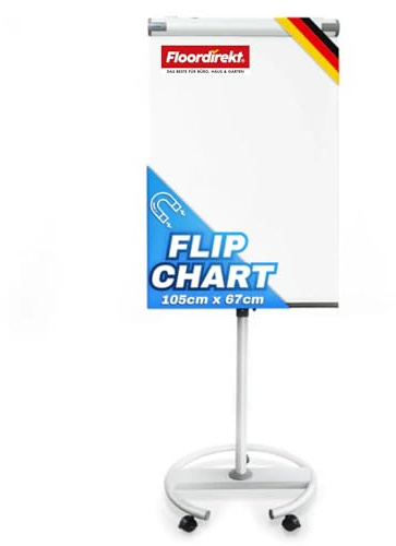 Floordirekt Flipchart mit Rollenfuß, Blockhalter & Seitenarmen - magnetisch & beschreibbar - freistehend & höhenverstellbar - Whiteboard Tafel Magnettafel - Board mit Ablageschale (Shark)