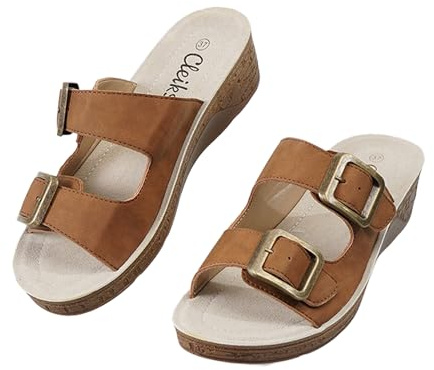 CLEIKS Sandali Donna Pantofole Scarpe per Anziane Eleganti Ciabatte Estive con Fibbia Sandali Roman (Marrone, 41 EU, WCL260425-13)