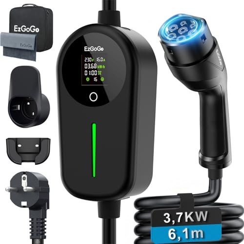 EzGoGo Typ 2 Ladekabel Schuko 3,68 kW, 6,1 m, 1-phasig, 6-16 A, EV Charger mit einstellbarem LCD-Display & IP65-Schutz, tragbares Ladegerät für alle Elektroautos und PHEVs nach Norm IEC 62196-2