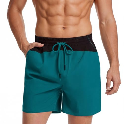 Atforna Bañador para hombre con slip interior de malla y bolsillo con cremallera, pantalones cortos de baño para hombre, de secado rápido, transpirables, pantalones cortos, Negro+azul pavo real, L