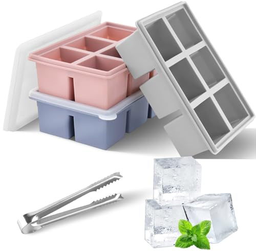 3 Pack Large Silicone Ice Cube Trays with Lid and Tong | 6 Large 5cm Square Cubes Per Tray, Stackable Freezer Design, Easy Release, BPA Free, Whisky Cocktails Drinks