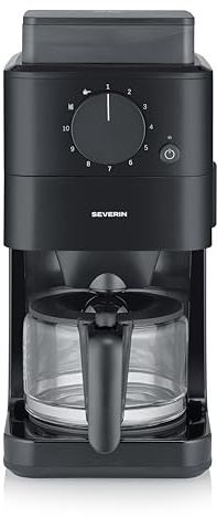 Severin filterkaffemaskin med glaskanna, individuell malningsgrad, 10 koppar, 1,25 L, droppstopp, inklusive sked, permanentfilter, rengöringsborste, automatisk avstängning, 1000 W, svart, KA 9215