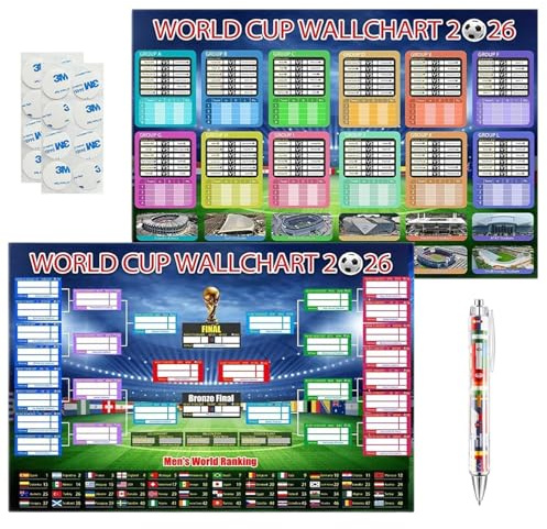 Jinfanshurich 2er Set WM 2026 Spielplan Poster, Fußball WM Planer mit allen Spielen, Gruppen & Finale, World Cup Wandposter für Fans, Fußball Deko, Turnierplan mit 48 Teams (mit Faltlinien)