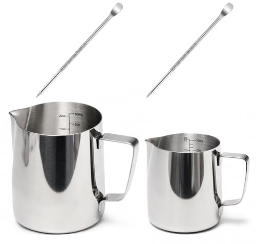 Pilikoll 2 Pièces Pot à Lait en Acier Inoxydable Milk Jug Pichet à Mousse | 350ml 600ml ,Pichet Lait Inox avec Marque de Mesure, Latte Art Pen,Pichet Inox Milk Pitcher,pour Création Cappuccino Espresso