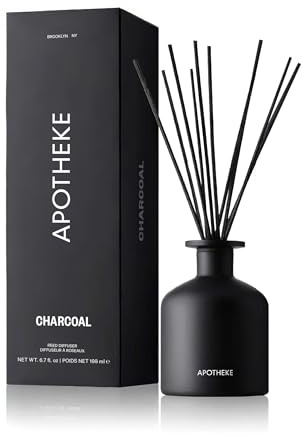 Apotheke Luxury Scented Reed Diffuser for Home, Charcoal - 6.7 Fl Oz Essential Oil Aromatherapy - 10 Rattan Scent Sticks Room Diffuser - Long-Lasting Fragrance for Bedroom, Home, Bathroom