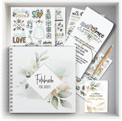 Fotospiel Hochzeit Set by snaPmee - 50+4 Fotoaufgaben, Fotobuch (Hardcover) mit Stift, 133 Sticker, 10 Tischaufsteller - als Gästebuch Alternative