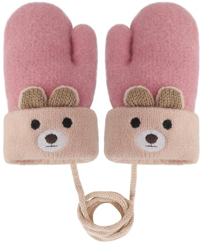 Holiberty Toddler Baby Knitted Winter Gloves Cable Mittens Cute Cartoon Bear Kids Boys Girls Thermal Thick Fleece Lined Gloves Wool Warm Knit Snow Ski Cold Weather Gloves Children Age 0-3Y