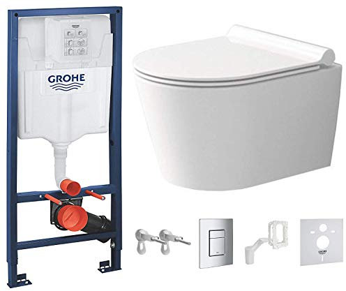 VBChome Hänge WC spülrandlos Grohe Rapid SL Set für Wand-WC Toilette inkl. softclose wc Sitz absenkautomatik Deckel aus Duroplast Wandhalter Betätigungsplatte in chrom und Grohe-Fresh (GPORT)
