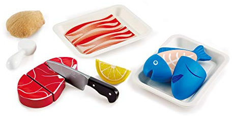 Hape Fisch & Fleisch Set Fantasiespiel aus Holz Lebensmittel-Set für Kinder, Kochset mit Zutaten und Zubehör mit Klettverschluss