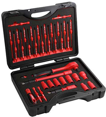 ARES 19004-37-Piece Insulated Electrical Tool Set - Ergonomic Handle with 19 Screwdriver Sizes and 4 Cabinet Keys - 1/2-Inch Drive Ratchet and Extensions - 9 Socket Sizes 10-24mm - Storage Case
