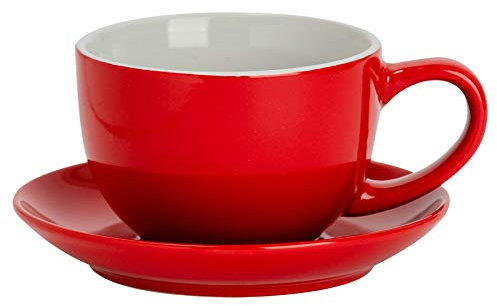 Argon Tableware Red Cappuccino Cup with Saucer - 250ml Dishwasher Safe Gloss Stoneware Cappuccino Cups and Saucer Set Coffee Mugs with Handle and Grooved Plate