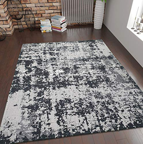 Grey Black Rug Modern Abstract 100% Cotton Washable Large Small Living Room Carpet Flat Woven Mat Living Room Rugs (60x90 cm 2'x3' ft)
