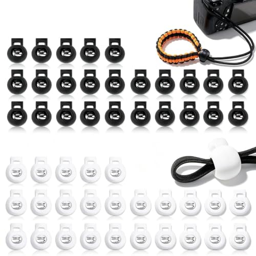 WJUAN 50er Kordelstopper 1 Loch | Für Baumwollkordel 6mm – 25× Schwarz & 25× Weiß, runder Cord Lock für Rucksack & Kleidung
