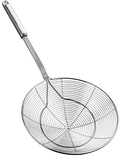 Écumoire en acier inoxydable avec poignée pour frire et servir les aliments, les pâtes, les spaghettis, les nouilles (diamètre : 20 cm ; longueur totale : 45 cm)