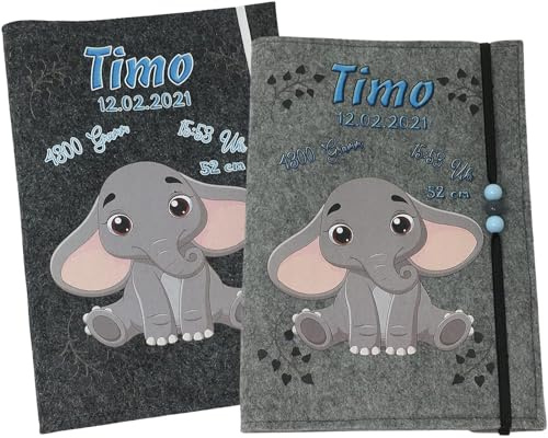U Heft Hülle und Impfpass aus Filz - Personalisiert mit Namen - Untersuchungsheft Schutzhülle - Babygeschenke zur Geburt - Kinderuntersuchungsheft Mädchen und Junge - Elefant Blau