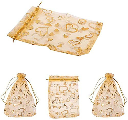 YANGWEN 50 Pcs Pochettes à Bijoux Organza, Sacs Organza Imprimé Coeur Or Pochettes Cadeaux avec Cordon 9x12cm Parfait pour Mariage, Noël, Anniversaire, Anniversaire