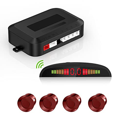 Kit di sensori di parcheggio posteriore senza fili con 4 sensori PDC, indicatore di distanza LED con avviso sonoro + 4 fili di colore rosso, aiuto parcheggio posteriore per auto,
