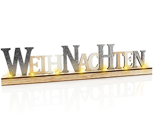 com-four® LED Deko Aufsteller aus Holz - beleuchteter Schriftzug auf Holzsockel - Deko-Schriftzug zum Hinstellen für Weihnachten - Stimmungslicht mit Timer