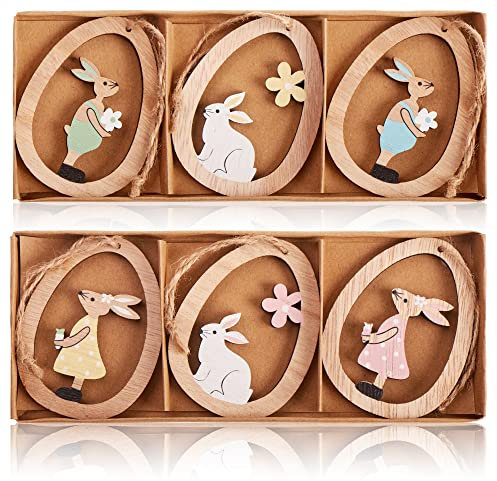 COM-FOUR® 6x Ciondoli decorativi per albero di Pasqua - Conigli pasquali in legno da appendere - decorazioni pasquali in legno da appendere (06 pezzi - coniglio nell'uovo)