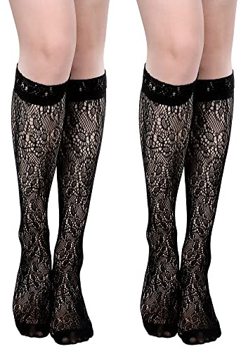 Geyoga 2 Pares Calcetines de Pantorrilla de Encaje Media Rejilla Estampada (Negro)