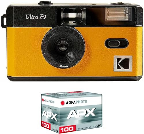 Kodak Pack F9 Argentique + Pellicule 100 ASA - Appareil Photo Rechargeable 35mm Jaune, Objectif Grand Angle Fixe, Viseur Optique, Flash Intégré + Pellicule APX 100, 36 Poses
