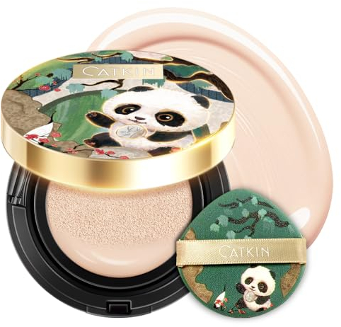 CATKIN Panda Land Foundation Full Coverage, Breathable Cushion Foundation with Nourishing and Long-wearing Formula for Sensitive Skin, Sheer Semi-matte Finish, Refill Included, 15g*2