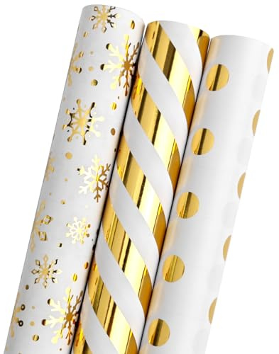 LDGOOAEL Weihnachts-Geschenkpapierrolle mit Schnittlinien auf der Rückseite – Goldfolie Schneeflocken Streifen Polka Dot Design für Urlaub, Geburtstag, Hochzeit, Babyparty – 3 glänzende Mini-Rollen –