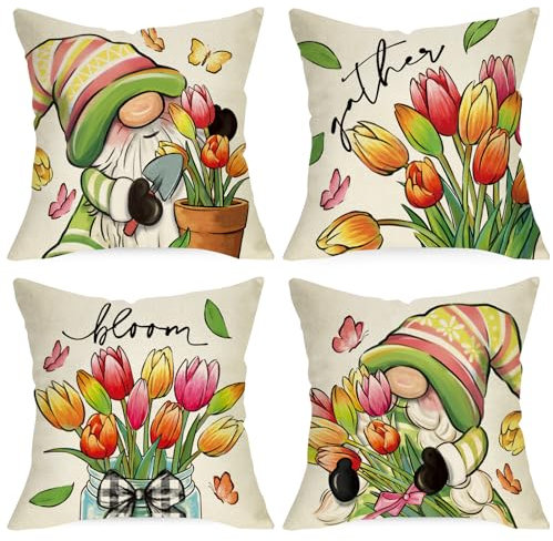 Ussap Juego de 4 fundas de almohada decorativas de gnomo de primavera y verano de 18 x 18 pulgadas, diseño de tulipán, tarro de masón, decoración de flores y mariposas, decoración del hogar para sofá
